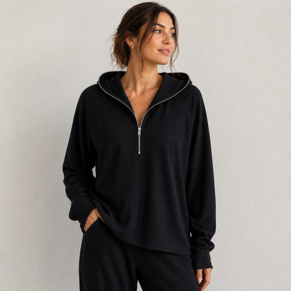 Hello Nite Ribbed‎ Quarter Zip Hoodie Womens S Black Minimalist Raglan H4D-09V61